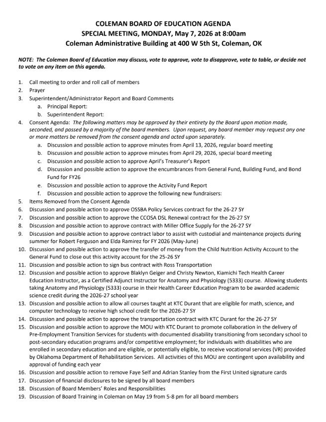 Board Agenda for May 7th, 2026