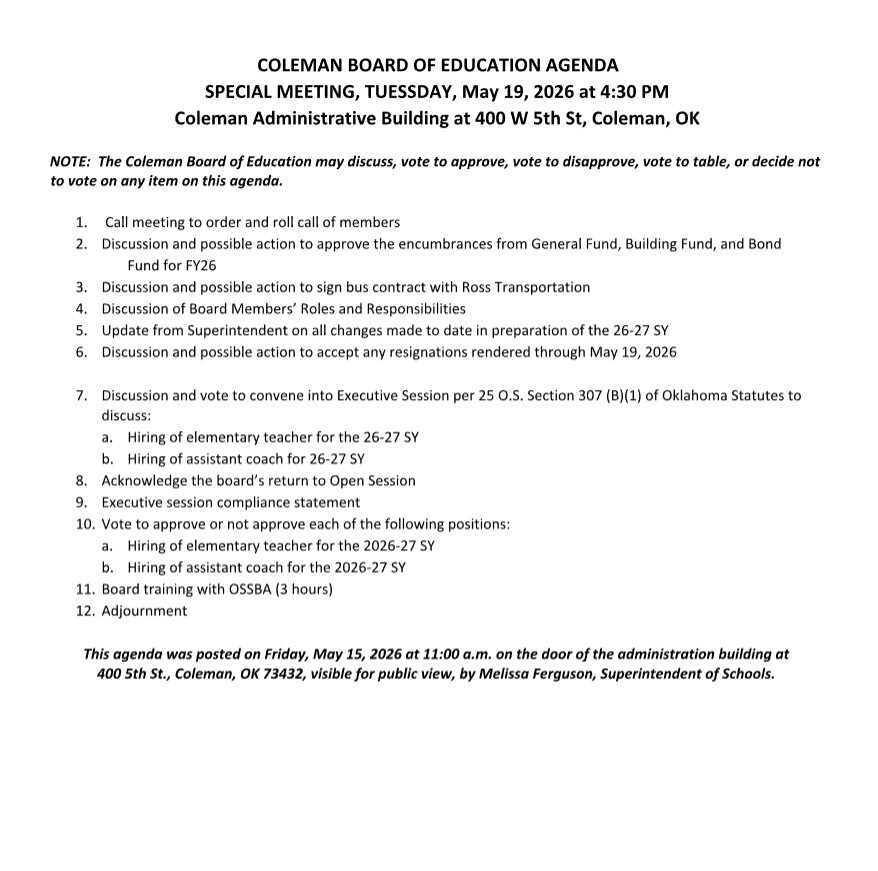 Special Board Meeting May 19, 2026