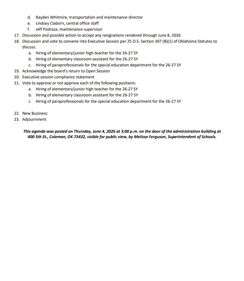 Board Agenda for June 8, 2026