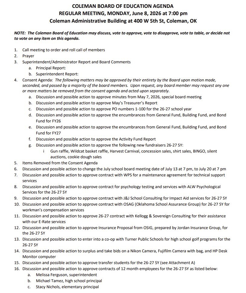Board Agenda for June 8, 2026