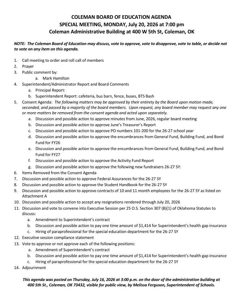Special Board Meeting July 20, 2026