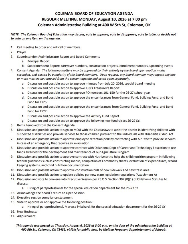 Board Agenda for August 10, 2026