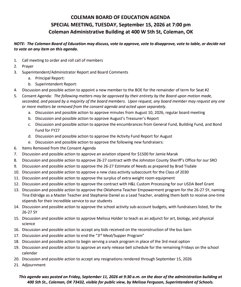 Board Agenda for Sept. 15, 2026