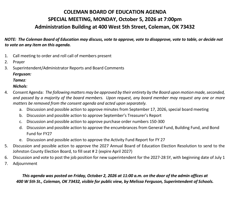 October 2026 boarde agenda