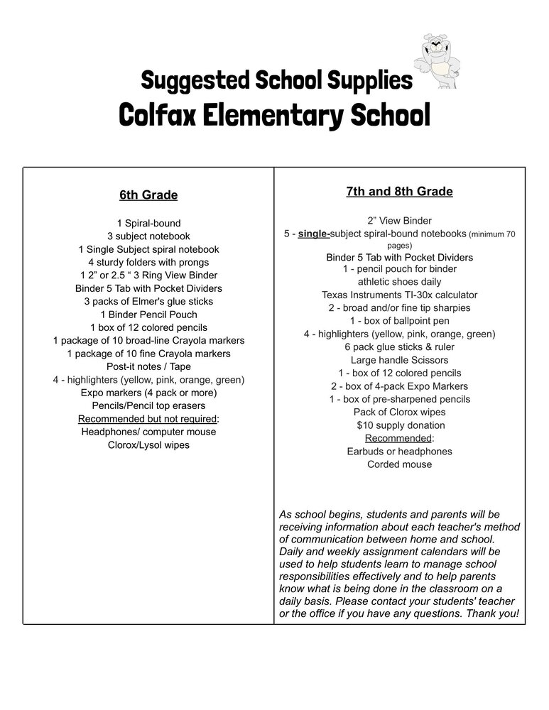 School Supply List 6th-8th Grade