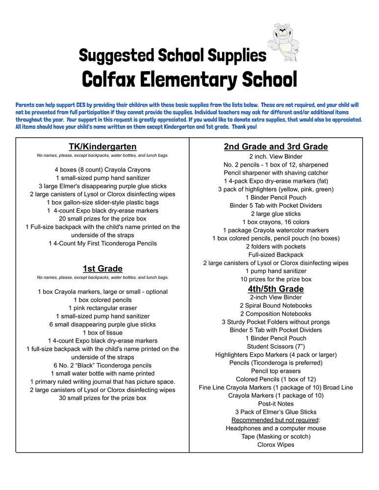 Supply List TK-5th Grade