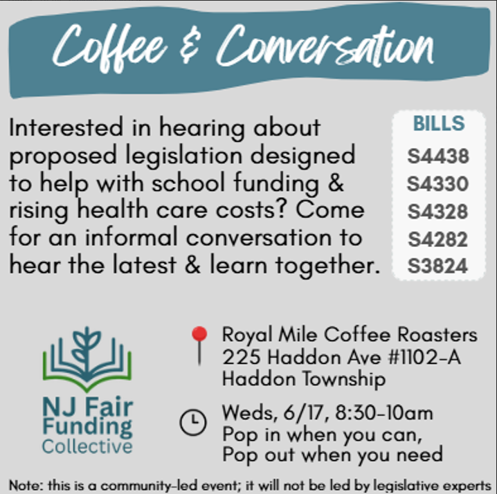 Flyer for Coffee and conversation with community regarding NJ Fair Funding