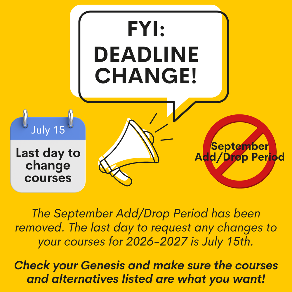 Deadline change for course changes. Last day to change course is July 15th, 2026