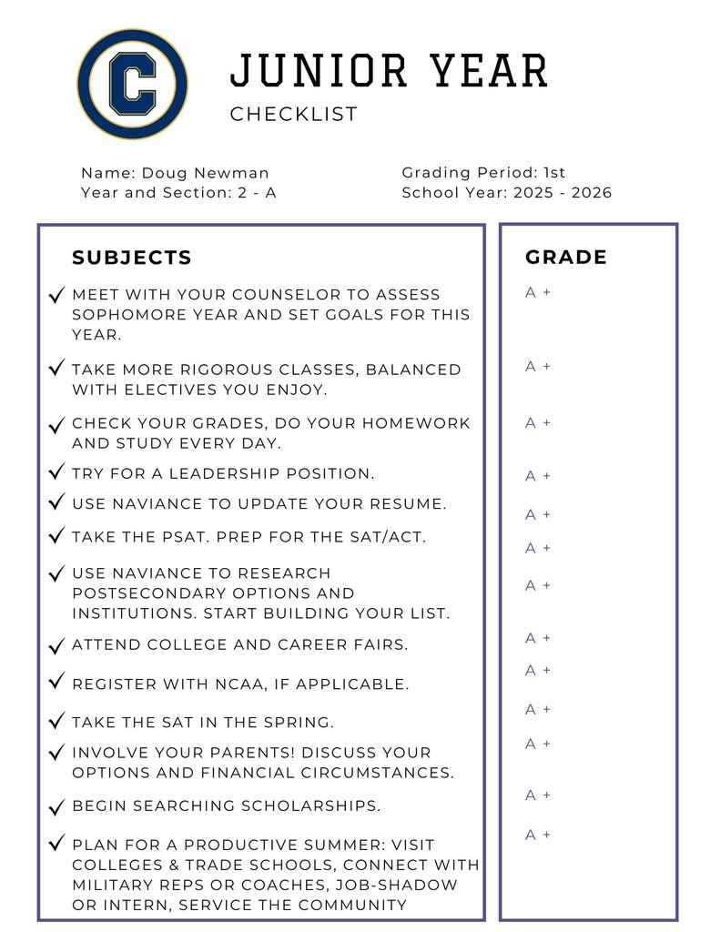 11th grade checklist from the counseling office
