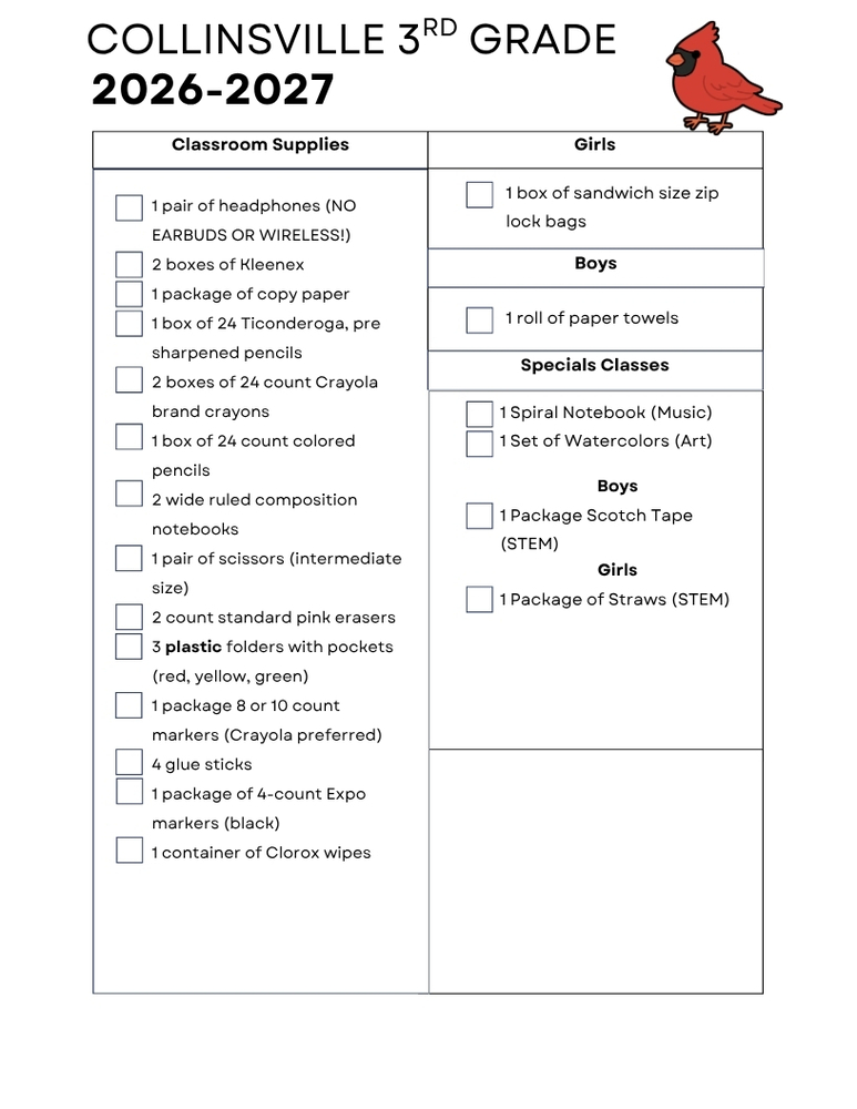 3rd Grade Supply List