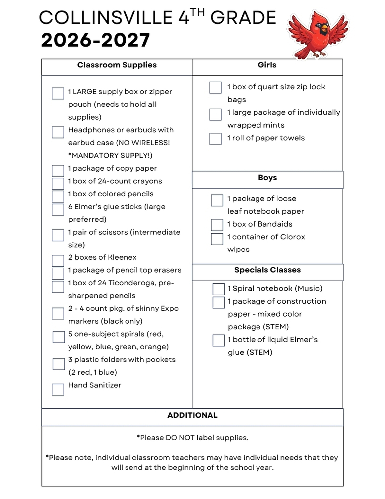 4th Grade Supply List