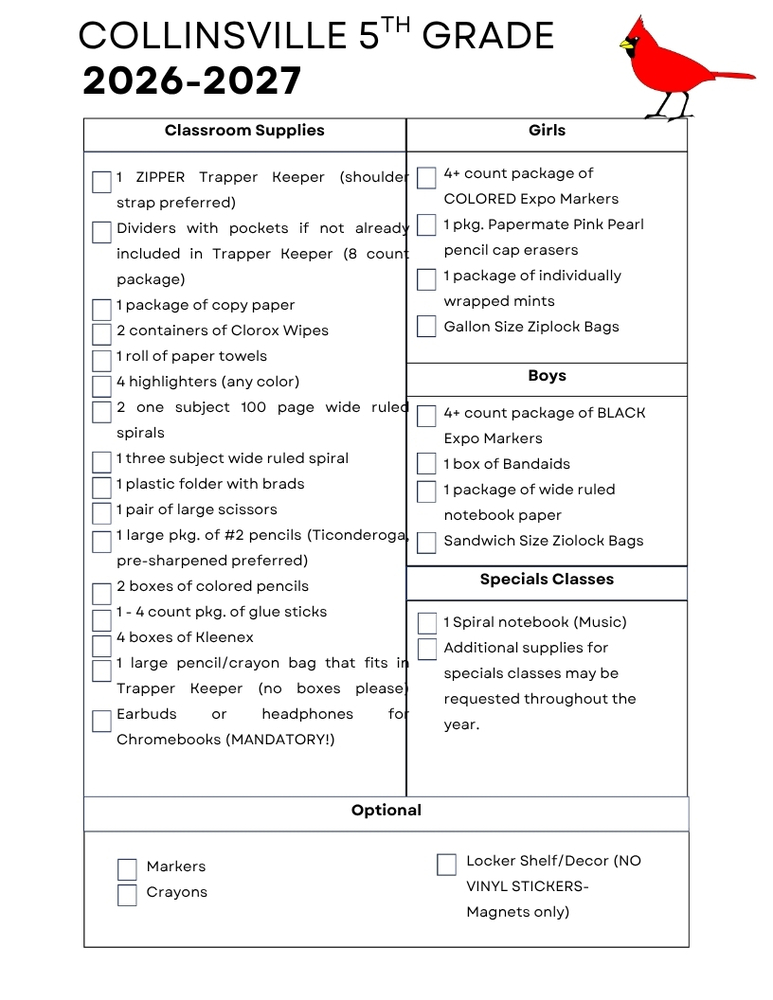 5th Grade Supply List