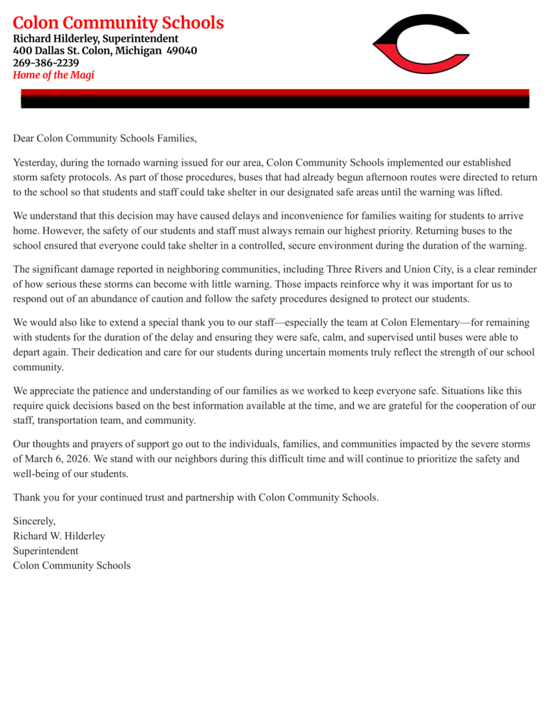 Letter from Superintendent Hilderley to the families of Colon Community Schools
