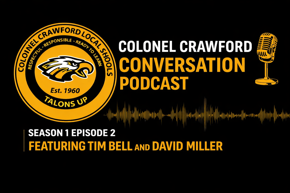 A black and gold promotional banner for the Colonel Crawford Conversation Podcast. The Colonel Crawford Local Schools logo with a gold eagle head appears on the left, encircled by the words “Respectful • Responsible • Ready to Learn • Talons Up • Est. 1960.” To the right, white and gold text reads “Colonel Crawford Conversation Podcast.” Below, white text says “Season 1 Episode 2,” and gold text reads “Featuring Tim Bell and David Miller.” A gold microphone icon and horizontal soundwave accent complete the design.