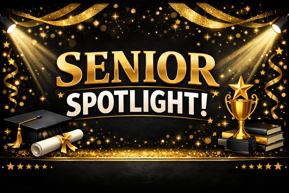 “Senior Spotlight graphic with gold and white lettering on a black background decorated with gold glitter, stars, and spotlights. A graduation cap and diploma appear in the bottom left, and a gold trophy with a star and stacked books appear in the bottom right.”