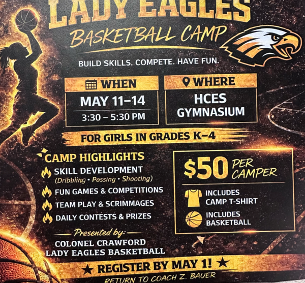 “Promotional flyer for the Lady Eagles Basketball Camp. The design features a basketball player silhouette over a court background with the Lady Eagles logo. Text announces the camp dates, May 11–14 from 3:30 to 5:30 PM at the HCES Gymnasium for girls in grades K–4. Highlights include skill development, games, scrimmages, contests, and prizes. Cost is $50 per camper and includes a T‑shirt and basketball. Registration is due by May 1 and should be returned to Coach Z. Bauer. Presented by Colonel Crawford Lady Eagles Basketball.”