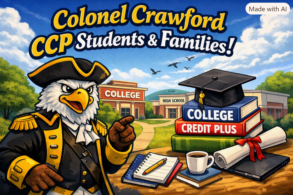 “A landscape banner featuring the Colonel Crawford eagle mascot dressed in a black and gold colonial uniform pointing forward. The text reads ‘Colonel Crawford CCP Students & Families!’ in bold yellow and white letters with black outlines. Behind the mascot are a college and high school building connected by a path under a bright blue sky. A stack of books labeled ‘College Credit Plus’ with a graduation cap and diploma appears on the right. The design uses high‑contrast colors for readability.”