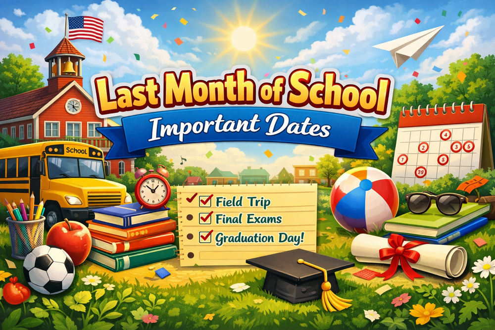 Colorful landscape banner showing a red schoolhouse, yellow bus, books, clock, and calendar under a bright sky. Center text reads “Last Month of School Important Dates.” A notepad lists “Field Trip,” “Final Exams,” and “Graduation Day!” with checkmarks. Graduation cap, diploma, and summer items appear on the right, symbolizing end‑of‑year events.