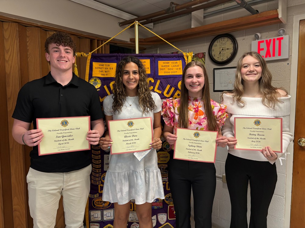 Last night the CC Lions Club honored the spring students of the month.   Ian Gonzales - April Lexi Dure - March Sydney Stirm - February  Rainy Bacon - May Each student received $100 for this distinction.
