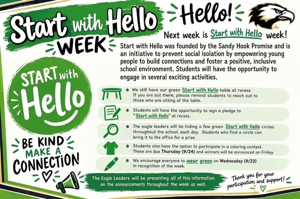 Start with Hello Week graphic promoting kindness, connection, and inclusion. Students can sign a pledge, find hidden green circles for prizes, participate in a coloring contest due September 24, and wear green on Wednesday, September 23.