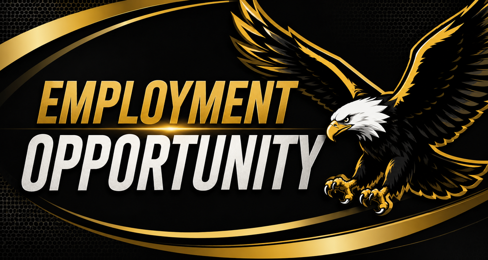 "Black and gold website banner featuring a large eagle with wings spread beside the words 'Employment Opportunity' in bold lettering on a dark textured background with gold accents."