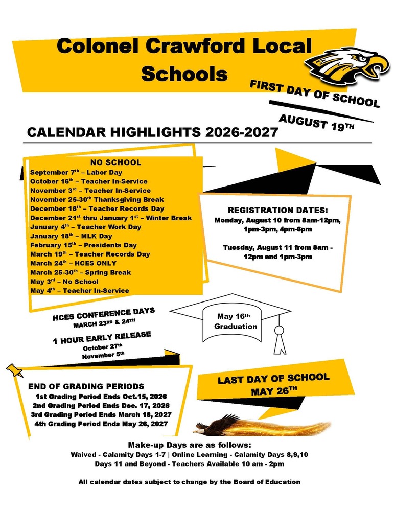 Imporatnt Dates for 2026-2027 school year
