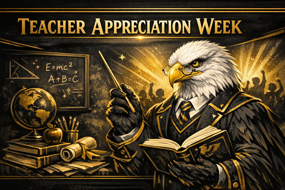 “Landscape banner for Teacher Appreciation Week featuring a bald eagle dressed as a teacher in black and gold, holding a book and pointer beside a chalkboard and glowing gold text.”