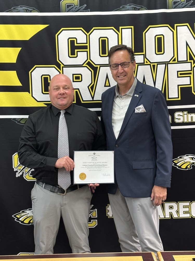 The Ohio Auditor of the State Award with Distinction was presented to our very own CC Treasurer, Mr. David Sheldon, at our May Board of Education meeting.  Mr. Sheldon was presented this prestigious award from Mr. Scott Brown who represents Central Ohio as the Regional Liason for the Auditors office. Along with Mr. Sheldon, we want to congratulate Candice Cochran, Tonya Geiger, and Mandy Trubee for all they do for CC and for being such an amazing Central Office Staff.  We appreciate all their hard work, dedication, and effort they put into making CC the best!
