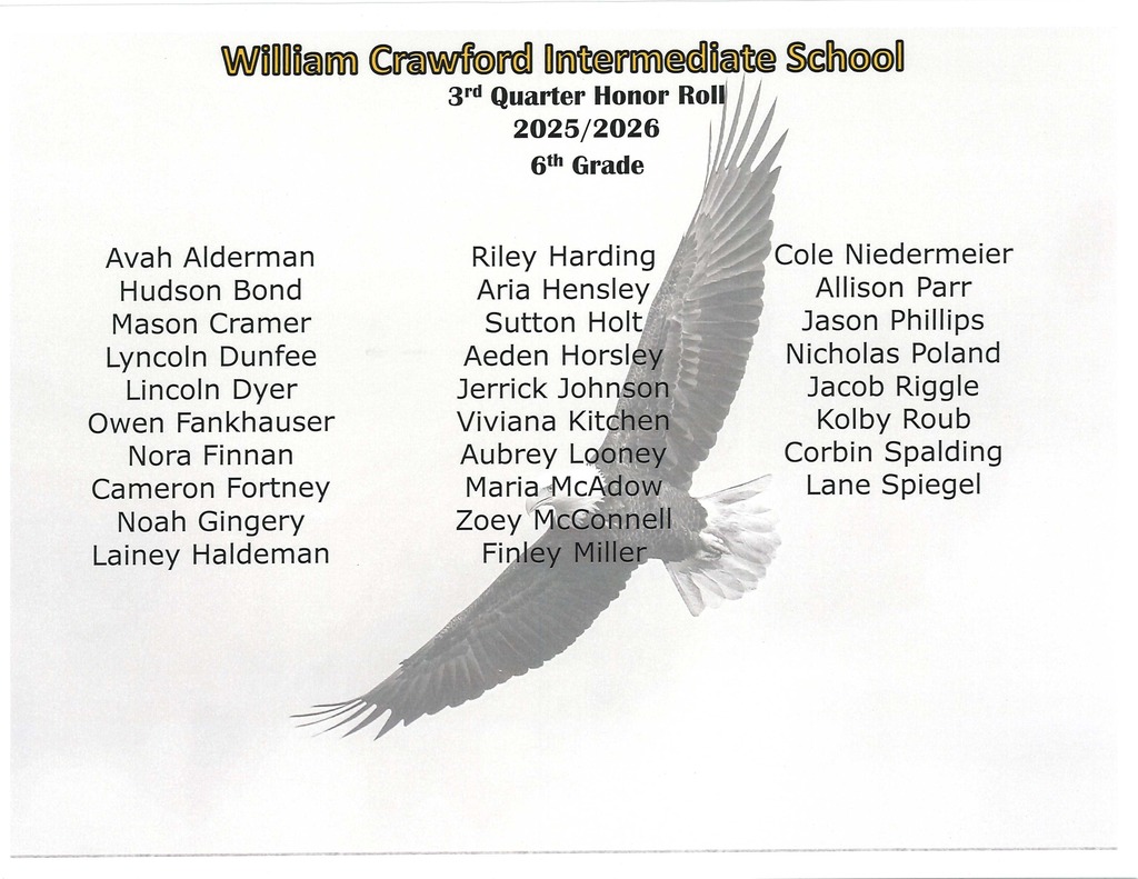 WCIS 3rd QuarterHonor Roll 6th Grade