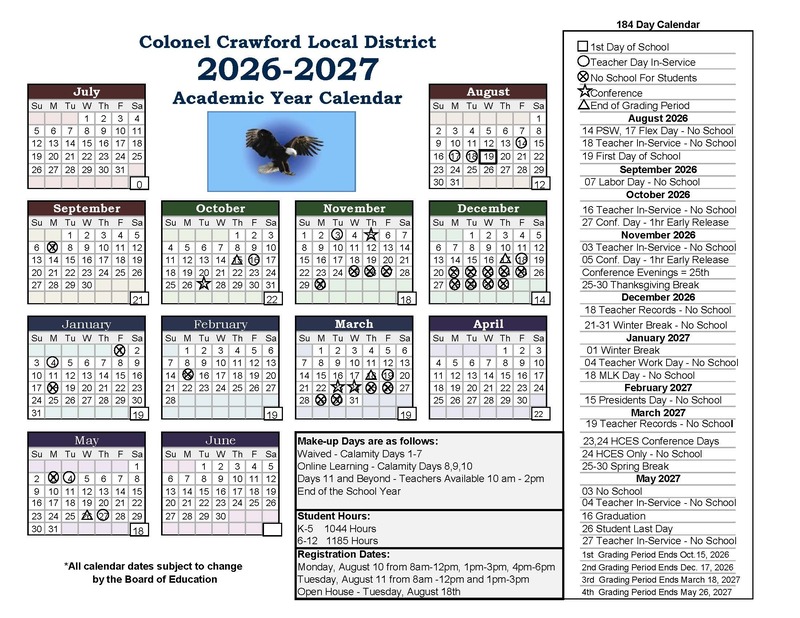 “Colonel Crawford Local Schools 2026–2027 School Calendar graphic in landscape orientation featuring a bold black and gold color scheme. The design includes the Colonel Crawford eagle logo—a stylized white, gold, and black eagle head with a fierce expression—on the right side. On the left, large gold and white text reads ‘Colonel Crawford 2026–2027 School Calendar’ against a dynamic black background with sweeping gold accents.”