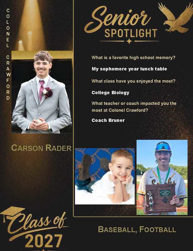 Colonel Crawford Senior Spotlight featuring Carson Rader, Class of 2027. Carson’s favorite high school memory is his sophomore-year lunch table, his favorite class is College Biology, and Coach Bruner has impacted him the most. Carson participates in baseball and football. The black-and-gold graphic includes a senior portrait, a childhood photo, and a baseball photo of Carson holding an award.