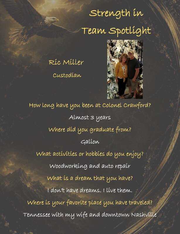 Colonel Crawford “Strength in Team Spotlight” featuring custodian Ric Miller. Ric has worked at Colonel Crawford for almost three years and graduated from Galion. His hobbies include woodworking and auto repair. His motto is, “I don’t have dreams. I live them.” His favorite travel experience is visiting Tennessee and downtown Nashville with his wife. The graphic includes a photo of Ric and his wife.