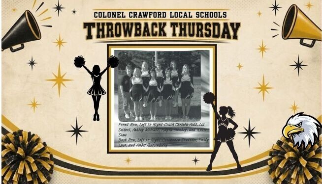 Colonel Crawford Local Schools “Throwback Thursday” cheerleading graphic featuring a vintage black-and-white photo of Colonel Crawford cheerleaders. The black-and-gold design includes cheerleader silhouettes, megaphones, pom-poms, stars, and the Colonel Crawford eagle mascot.