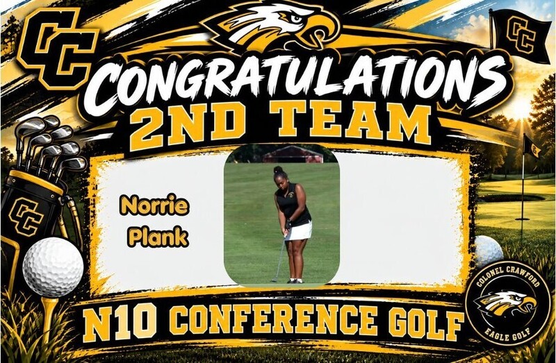Colonel Crawford N10 Conference Golf graphic congratulating Norrie Plank on earning Second Team honors. The black-and-gold design features a photo of Norrie golfing, along with the CC logo, eagle mascot, golf clubs, golf ball, and Colonel Crawford Eagle Golf logo.