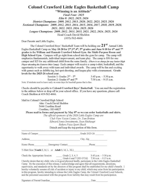 “Flyer for the Colonel Crawford Little Eagles Basketball Camp with camp dates, times, fees, and registration details. Includes program information for grades 2–7, session schedules, cost per camper, location in the school gyms, and mailing instructions for registration. Features a list of team achievements, contact information for Coach David Sheldon, sponsor names, and a detachable registration form at the bottom.”