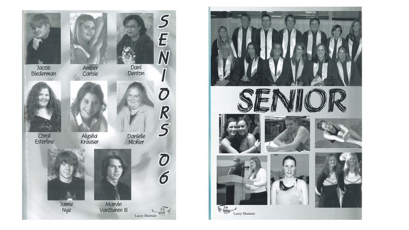 “Two-page high school yearbook spread. Left page titled ‘Seniors 06’ with eight senior portrait photos arranged in a grid, each labeled with the student’s name. Right page titled ‘Senior’ featuring a large group photo of graduates in caps and gowns at the top and several smaller candid photos of students in activities such as speaking at a podium, hugging, posing in uniforms, and casual moments.”