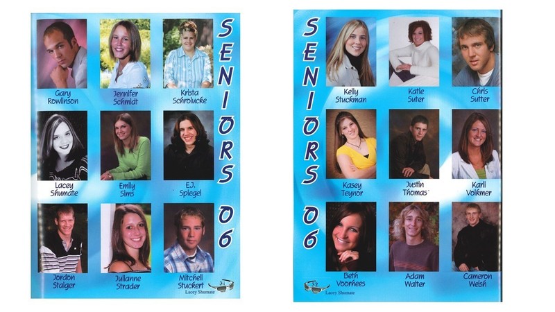 “Two-page 2006 high school yearbook spread showing senior portraits arranged in a grid on blue backgrounds. Each page features the vertical title ‘SENIORS 06.’ The left page displays twelve students with names including Gary Rowlinson, Jennifer Schmidt, Krista Schrölucke, Lacey Shumate, Emilly Sims, E.J. Spiegel, Jordon Staiger, Julianne Strader, and Mitchell Stuckert. The right page displays twelve students with names including Kelly Stuckman, Katie Suter, Chris Sutter, Kasey Teynor, Justin Thomas, Karli Volkmer, Beth Voorhees, Adam Walter, and Cameron Welsh.”