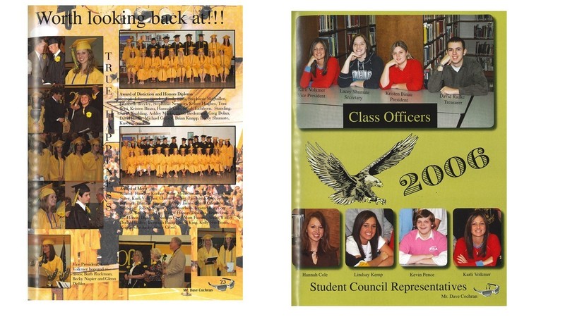 “Two-page yearbook spread showing 2006 graduation photos and class leadership. Left page features students in yellow caps and gowns receiving diplomas, group photos, and award listings for distinctions and merits. Right page shows four Class Officers seated at a table with names and titles, plus Student Council Representatives with individual portraits and an eagle graphic.”