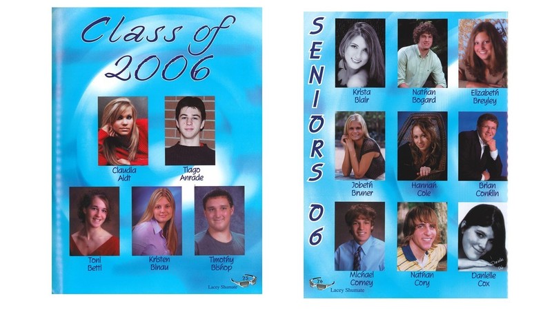 “Two-page high school yearbook layout featuring senior portraits from the Class of 2006. The left page shows five student headshots labeled Claudia Aldt, Tiago Andrade, Toni Betti, Kristen Binau, and Timothy Bishop, with ‘Class of 2006’ in large script at the top. The right page displays nine senior portraits labeled Krista Blair, Nathan Bogard, Elizabeth Breyley, Jobeth Bruner, Hannah Cole, Brian Conklin, Michael Conney, Nathan Cory, and Danielle Cox, with a vertical ‘Seniors 06’ title along the side. Both pages include a small footer credit reading ‘Lacey Shumate.’”
