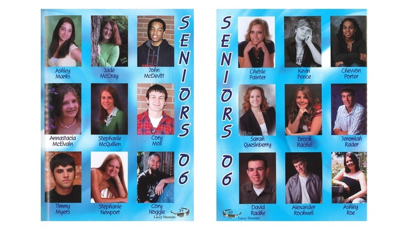 “A two page 2006 senior yearbook spread with individual portrait photos arranged in grids on blue backgrounds. The center reads ‘SENIORS 06’ vertically. Each portrait is labeled with the student’s name, including Ashley Marks, Jade McCray, John McDevitt, Annastacia McElvain, Stephanie McQuillen, Cory Moll, Timmy Myers, Stephanie Newport, Cory Noggle, Chelsie Painter, Kevin Pence, Chewon Porter, Sarah Quesinberry, Brook Rachel, Jeremiah Rader, David Radke, Alexander Rockwell, and Ashley Roe.”