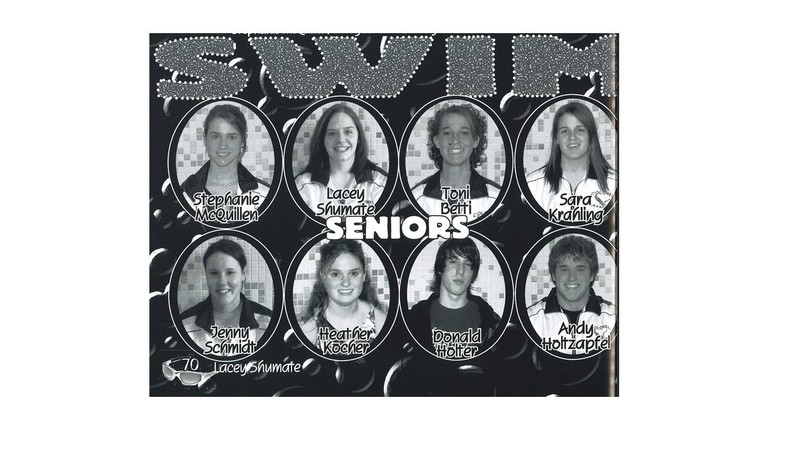 A black and white yearbook style collage featuring eight senior swim team members in oval portrait frames. The top banner reads “SWIM” in stylized lettering, and the bottom banner reads “SENIORS.” Top row portraits, left to right: Stephanie McQuillen, Lacey Shumate, Toni Betti, and Sara Krahling. Bottom row portraits, left to right: Jenny Schmidt, Heather Kocher, Donald Holter, and Andy Holtzapfel. A small caption in the lower corner reads “70. Lacey Shumate.”