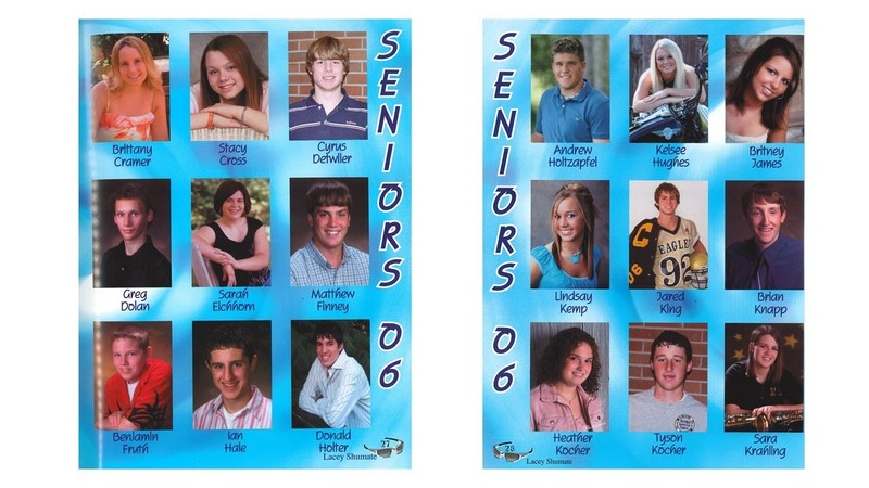 “Two-page high school yearbook spread titled ‘Seniors ’06,’ featuring individual senior portraits arranged in blue background grids. Each student’s name appears below their photo. The left page includes nine students; the right page includes nine students. Designer credit ‘Lacey Shumate’ appears at the bottom of each page.”