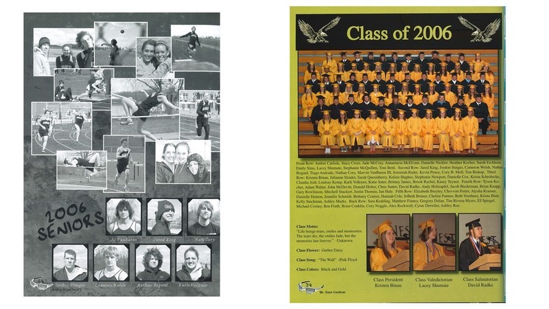 Two-page high school yearbook spread. The left page shows a collage of black and white photos of students competing in track and field events—running, hurdling, high jump, and shot put—along with a few casual student group photos. At the bottom are small senior portraits labeled “2006 Seniors” with seven students’ names. The right page features a large group photo of the Class of 2006 in yellow graduation gowns standing on bleachers. Below the photo is a printed list of graduates’ names and class details, including motto, flower, song, colors, and class officers.