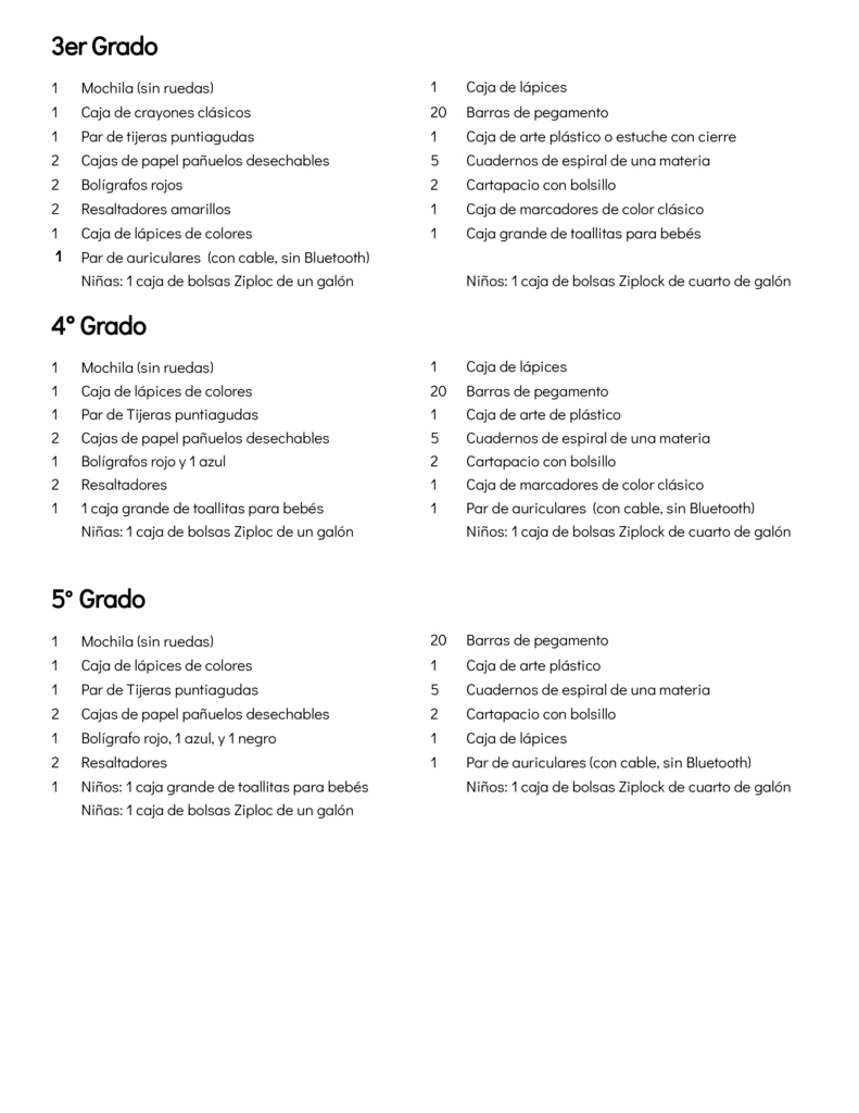 school supply lists