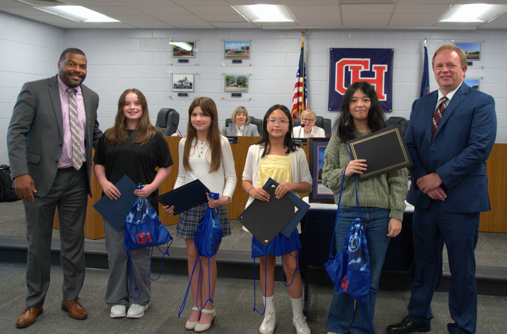 Spelling Bee Winners with Superintendent and Board Chair