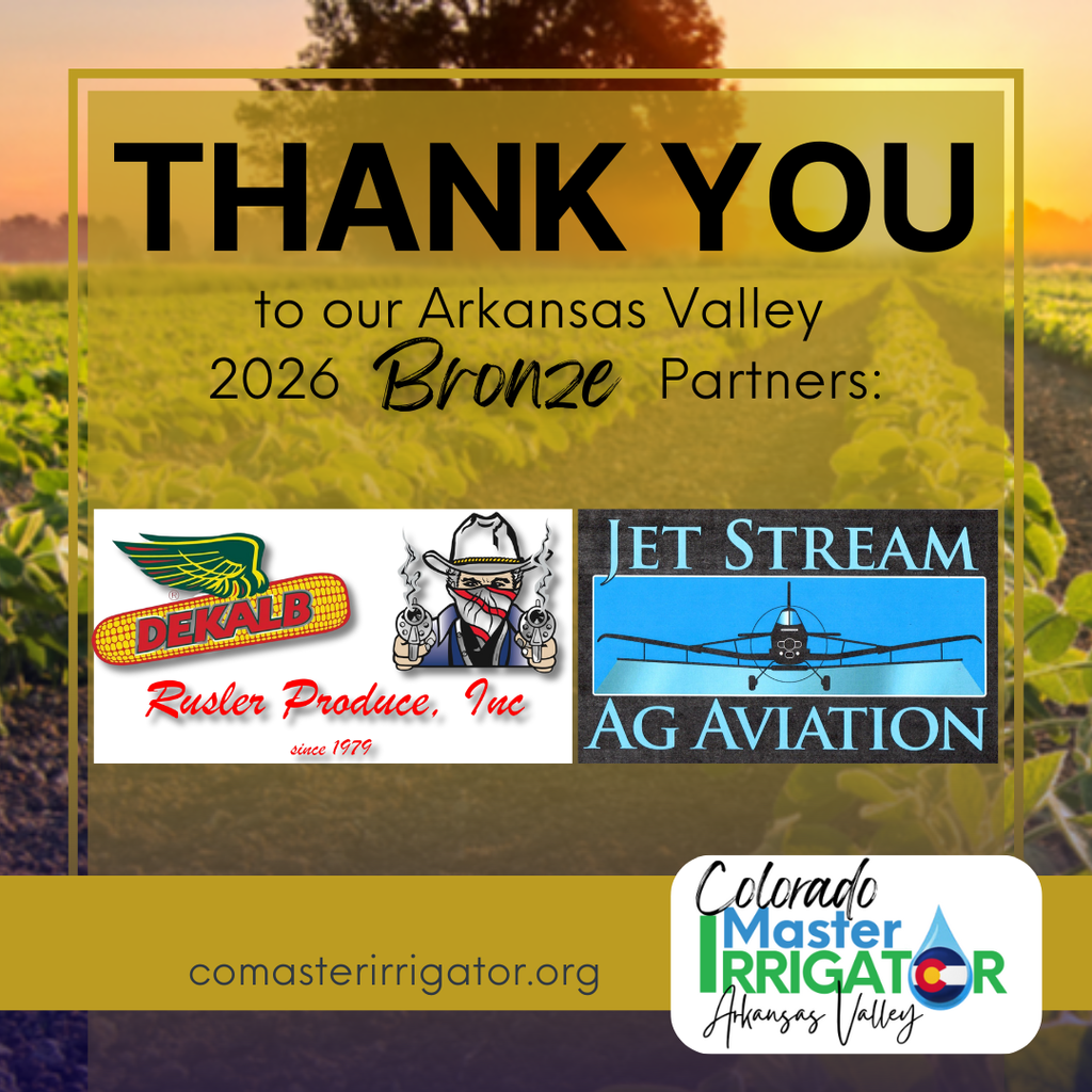 A graphic expressing gratitude to sponsors, with text that reads: "THANK YOU to our Arkansas Valley 2026 Bronze Partners:". It displays logos for DEKALB, Rusler Produce Inc. (since 1979), and Jet Stream Ag Aviation, as well as the 'Colorado Master Irrigator Arkansas Valley' logo and the website 'comasterirrigator.org'.