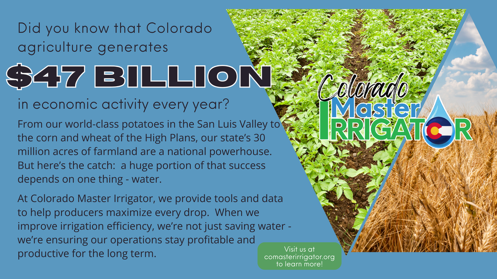 Colorado Master Irrigator infographic: Colorado agriculture generates $47 billion in annual economic activity across 30 million acres. It highlights that success depends on water and that the organization provides tools to maximize irrigation efficiency for long-term profitability.
