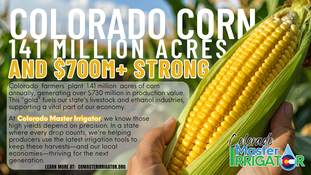 Infographic titled 'Colorado Corn: 141 Million Acres and $700M+ Strong.' A hand holds a ripe ear of corn in a field. Text highlights that Colorado farmers plant 1.41 million acres of corn annually, generating over $730 million in value for livestock and ethanol industries. It promotes Colorado Master Irrigator's role in providing irrigation tools for sustainable harvests. Includes the Colorado Master Irrigator logo and the website comasterirrigator.org.