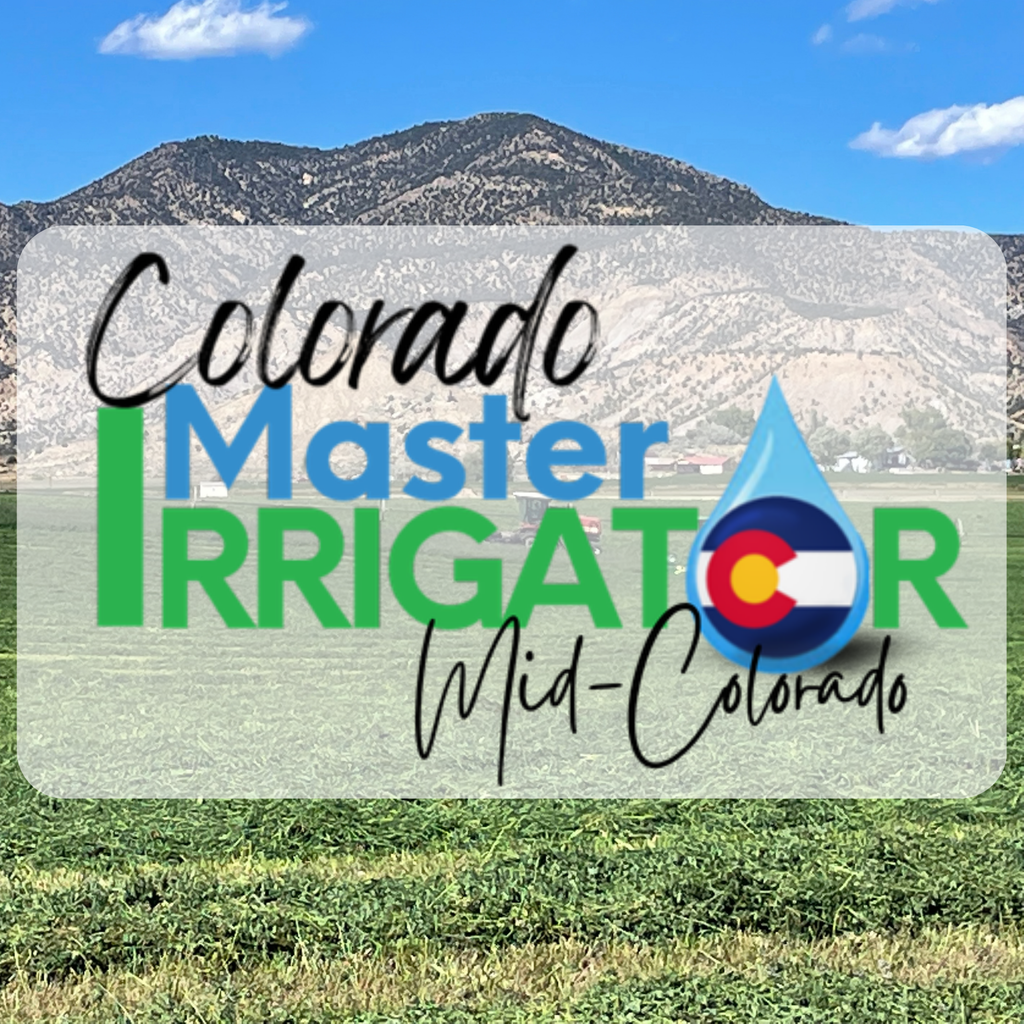 Colorado Master Irrigator Mid-Colorado program logo overlaid on a background of an agricultural field and a mountain range. The text features blue and green block letters mixed with black cursive script, alongside a blue water droplet icon containing the Colorado state flag emblem.