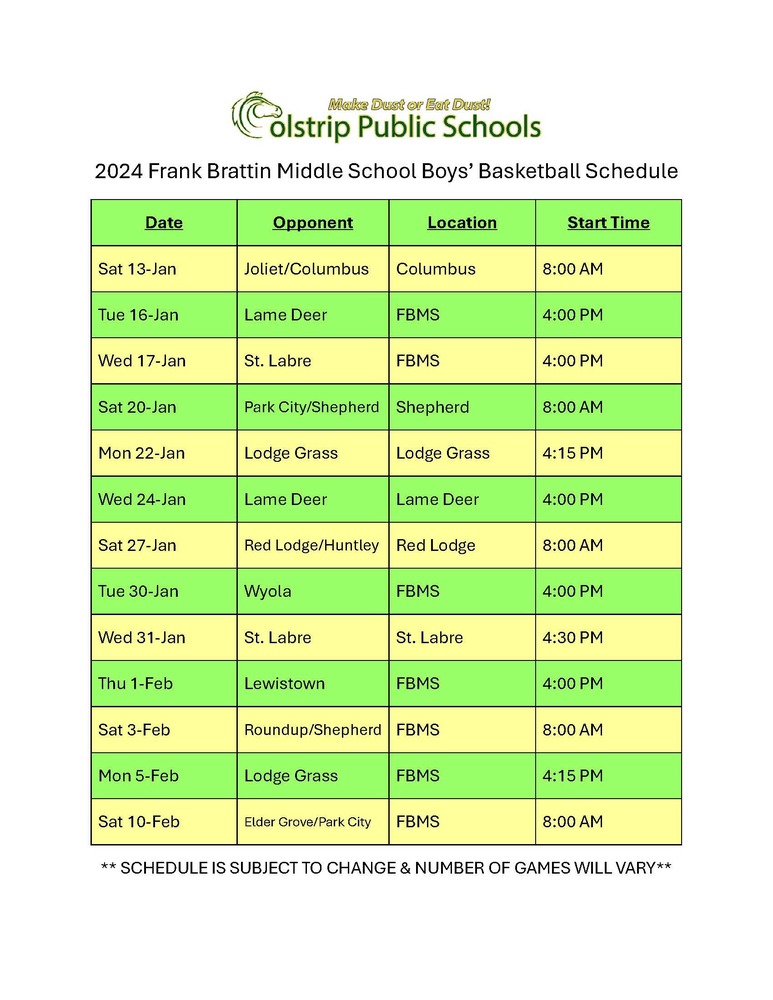 FBMS Boys Basketball Schedule Colstrip School District 19